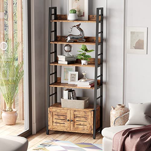 IRONCK 4 Tier Ladder Bookcase with Louvered Doors Rustic Brown | Bookshelf; Ladder Shelf;bottom cabinet; anti tip kit; for Bedroom Living Room Home Office