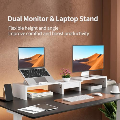 AFOOYO 43.3 Inch Dual Monitor Stand with Laptop Tray & Drawer, 5 Height & 4 Angle Adjustable Ergonomic Computer Riser, MDF Desk Shelf for MacBook Dell HP Lenovo 10-17.3" Laptops-White