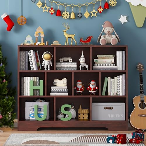 Book Shelf, 10 Cubes Storage Organizer Open Shelf Bookcase Cherry Bookshelf | 3-Tier Wooden Cube Shelf, Freestanding Cube Storage for Bedroom, Living Room, Home Office - color: Cherry, size: 10 Cubes-1 PCS