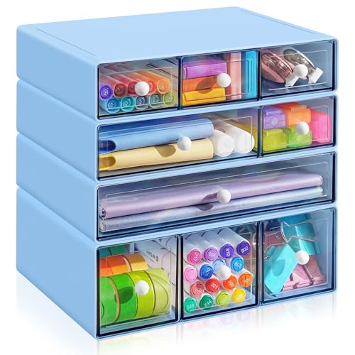 Desk Organizer with 9 Drawers, 4 Tiers Stackable Storage Drawers, Desktop Storage Box with Clear Drawers for Stationery, Makeup, Jewelry, Office and Craft Supplies (Blue) - color: Blue