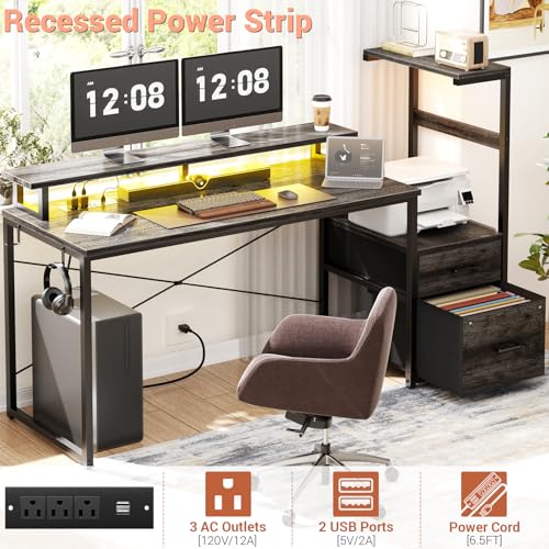 Aheaplus Gaming Desk with LED Strip & Power Outlet, 59Inch Reversible Computer Desk with Monitor Stand & Storage Shelves, Home Office Desks with Fabric File Drawer, Gamer Table PC Desk, Black Oak - color: Black Oak