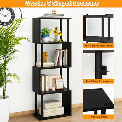 IBUYKE 5-Tier Tall Bookshelf,S-Shaped Geometric Bookcase,Black WBC015B - color: Black, size: 5 Tier