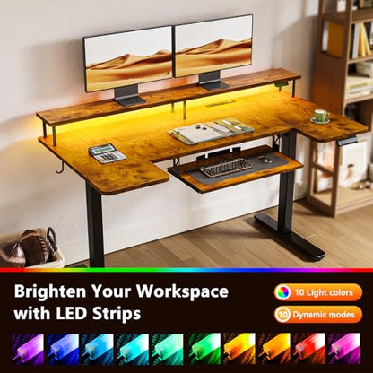 OffiGo 55 Inch U Shaped Standing Desk with Keyboard Tray, Rustic Brown - color: Rustic Brown, size: 55 Inch