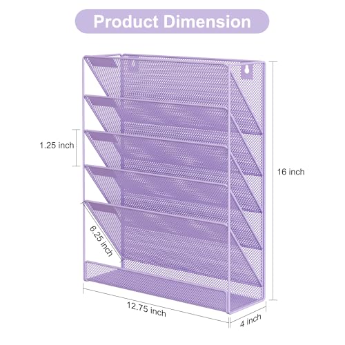 EasyPAG 5 Tier Wall File Holder, Mesh Hanging Folder Organizer with Classify Label, Versatile Desk File Holder, Vertical Wall Mounted Mail Organizer for Office Home Cubicle, Purple - color: Purple