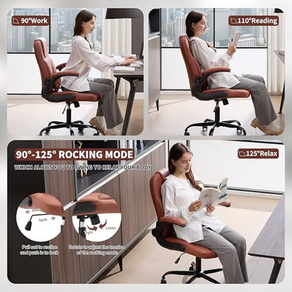 Leather Office Chair Swivel Lumbar Support for Short People Brown - color: Brown