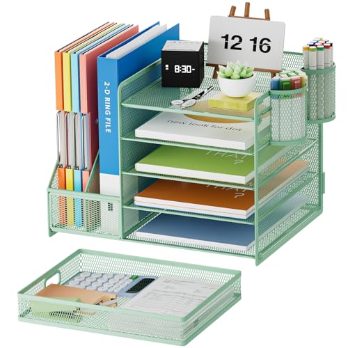 Marbrasse Desk Organizer with File Holder, 5-Tier Paper Letter Tray Organizer with Drawer and 2 Pen Holder, Mesh Desktop Organizer and Storage with Magazine Holder for Office Supplies (Green) - color: Green
