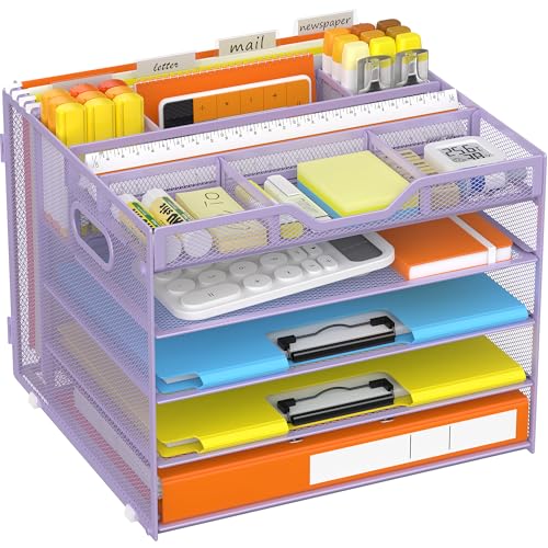 Docnest 5 Tier Desk Organizer with Hanging File Folder Holder&Tray, Purple - color: Purple, size: 12.6" x 11.8" x 10.3"