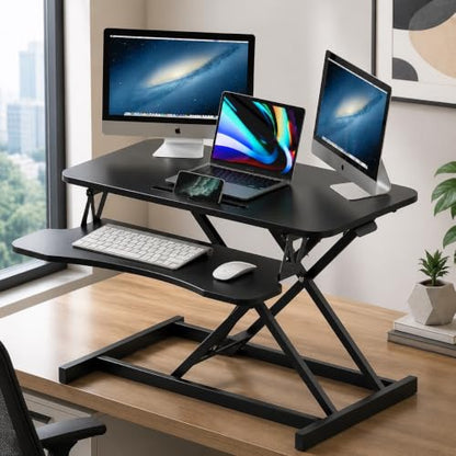 32" Height Adjustable Sit Stand Desk Converter, Dual Monitor Laptop Riser, Black (Desk Converter (Black)) - color: Desk Converter (Black)
