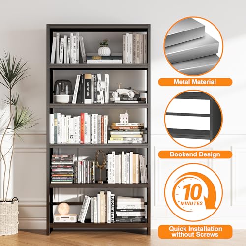 69" 5 Tier Metal Bookcase, Sturdy Storage Bookcase Book Stopper (Black) - color: Black, size: 69"H*34"W