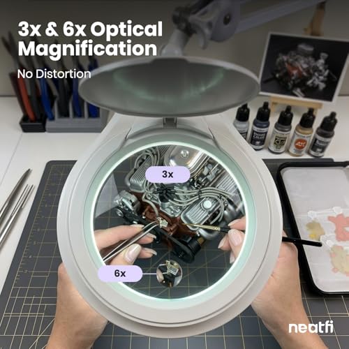 Neatfi LED Bifocal Magnifying Lamp 1,200 Lumens – 5” Glass Lens, Dual Magnification 3X/6X, Dimmable Task Light | Adjustable Arm with Clamp | Crafting, Jewelry & Reading (8 Diopter + 20 Diopter, White) - color: White, size: 8 Diopter + 20 Diopter