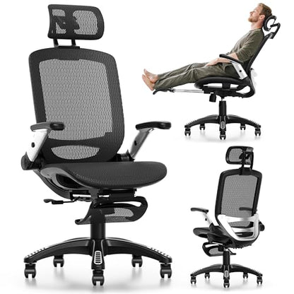 GABRYLLY Ergonomic Office Chair, High Back Home Desk Chair with Footrest,3D Headrest, Flip-Up Arms, 135° Tilt and Wide Cushion, Heavy Duty Mesh Chairs for Task Computer Gaming, Black - color: Obsidian Black
