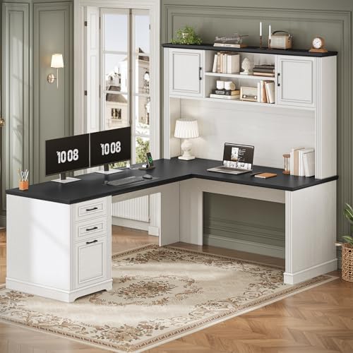 SEDETA Farmhouse L Shaped Desk with Hutch and 3 Drawers, 68.9" Executive Office Desk with File Drawer and Power Outlet, Corner Computer Desk with Storage Shelves for Home Office, White - color: White