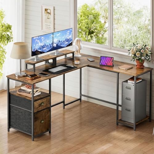 Shahoo 65.3" L Shaped Computer Desk, Corner Home Office Desk with Power Outlets, Ergonomic Monitor Stand, File Drawers & Storage Shelves, Rustic Gaming Desk for Working from Home