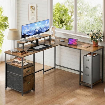 Shahoo 65.3" L Shaped Computer Desk, Corner Home Office Desk with Power Outlets, Ergonomic Monitor Stand, File Drawers & Storage Shelves, Rustic Gaming Desk for Working from Home