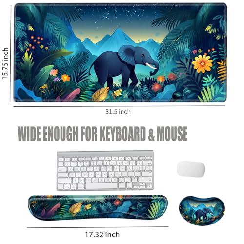 Elephant Mouse Pad and Keyboard Wrist Rest Animal Desk Mat Set Gaming Mousepad with Wrist Support XXL Computer Mat 31.5" x 15.75" Mouse Mat for Work Game Home Office - color: Elephant