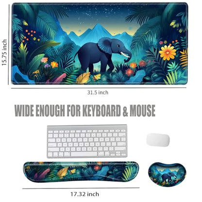 Elephant Mouse Pad and Keyboard Wrist Rest Animal Desk Mat Set Gaming Mousepad with Wrist Support XXL Computer Mat 31.5" x 15.75" Mouse Mat for Work Game Home Office - color: Elephant