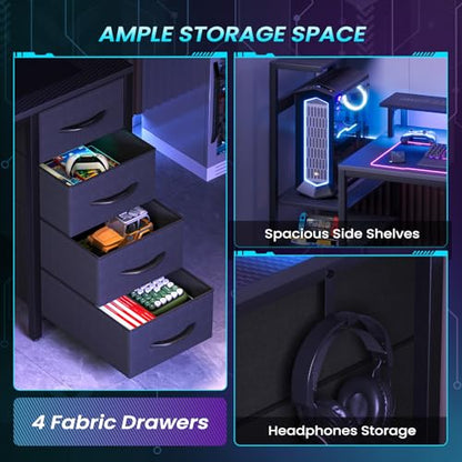59in Gaming Computer Desk with Drawers & Power Outlet & LED Lights, Black - color: Black, size: 59''