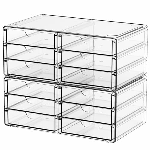 2 Pack Acrylic Storage Drawers With 12 Small Drawer,Stackable Office Cabinet Organizer and Makeup Organizer,Clear Plastic Drawers for Craft Supply,Pen,Stationary,Accessory,Makeup,Desk Organizer - size: Large-12 Drawers-2Pack