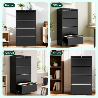 4 Drawer Lateral File Cabinet with Lock, File Cabinet for Home Office,Black | Heavy-Duty Steel Locking File Cabinet, Hanging Letter/Legal/A4 Size, Full-Extension Silent Drawer, Un-Assembly - color: Black, size: 4 Drawers