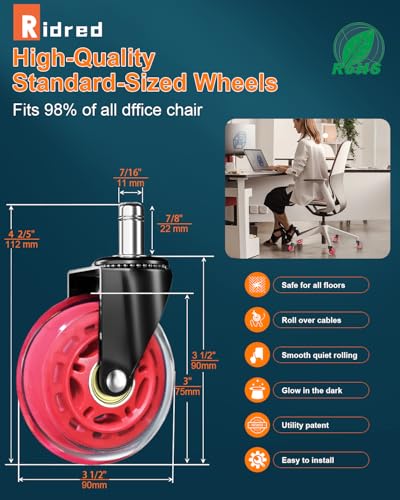 RidRed Gaming Chair Wheels - Heavy-Duty Office Chair Wheels - Replacement Rubber Casters- Universal Fit 3 Inch Chair Casters, Noise Free, Fits 98% Chair, for All Floor (Red) - color: Red