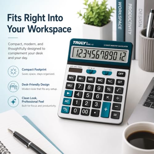 TRULY 12-Digit Desktop Calculator, 5.3-Inch Easy-to-Read Display, Big Concave Buttons, Brushed Metal Finish, Dual Power, Business Calculator for Office, School & Home, 896E - style: 896E