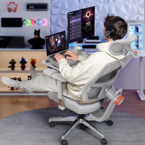 Newtral Ergonomic Office Chair, Auto-Following Lumbar Support Desk Chair with Footrest (Grey, 5D Headrest +Laptop Tray) - color: Grey, size: 5D Headrest +Laptop Tray