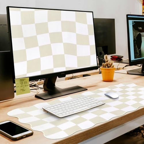 L-SPOUTTO Beige Checkered Mouse Pad,Scalloped Desk Mat XXL Gaming Mousepad | Geometric Large 35.4x15.7in Non-Slip Rubber Base Keyboard Pad Waterproof Desktop Mat for Laptop Computer Game Home Office - color: Beige Checkered