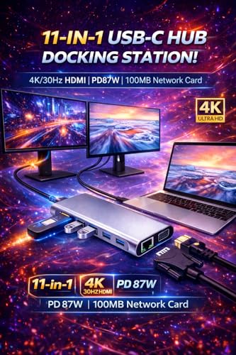 USB-C Hub 11-in-1 Multiport Docking Station with 4K HDMI, VGA, Ethernet, 100W PD, USB 3.0, SD/TF Card Reader & Audio Jack – USB-C Adapter for Laptop, MacBook, Windows & Chromebook