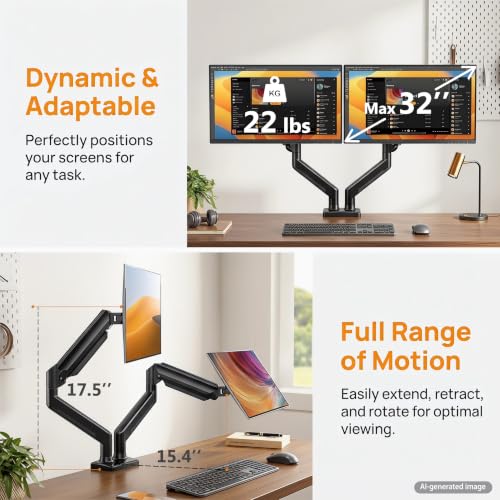 Dual Monitor Stand up to 32" Screen, Each Arm Holds Max 22 lbs, Monitor Arms for 2 Monitors with Gas Spring and Cable Management, Tilt/Swivel/Rotation, VESA Standard 75x75 & 100x100mm
