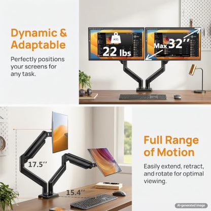 Dual Monitor Stand up to 32" Screen, Each Arm Holds Max 22 lbs, Monitor Arms for 2 Monitors with Gas Spring and Cable Management, Tilt/Swivel/Rotation, VESA Standard 75x75 & 100x100mm
