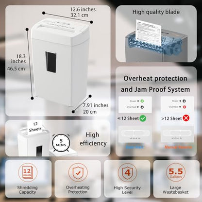 Bonsaii Heavy-Duty Cross-Cut Shredder, Handles up to 12 Sheets at Once, Providing P-4 high Security, Credit Cards, Mail & taples, 5.5-Gallon bin with a Transparent Window, Use in Home Offices, White - color: White, size: 12-Sheet | 5 min