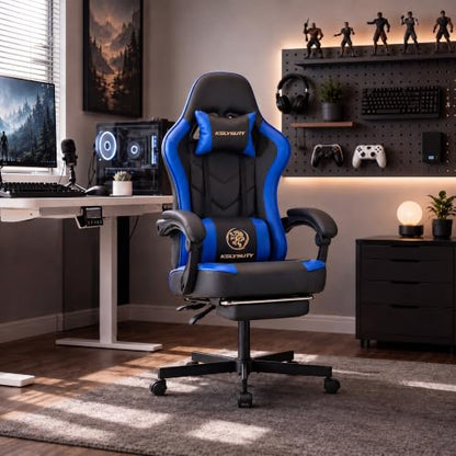 Desk Computer Gaming Chair - High Back Ergonomic Office Chair with Footrest and Lumbar Support, Swivel Comfy Home Gamer Video Game Chairs with Pocket Spring Cushion for Adults (Blue Leather) - color: Classic Blue Leather