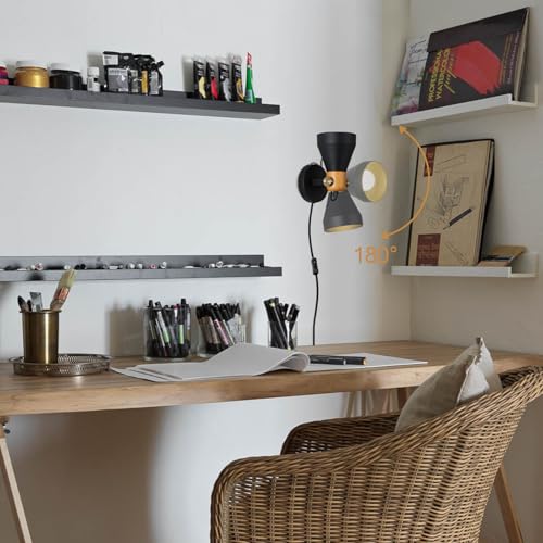 Modern Plug-in Wall Sconces, Matte Black | Adjustable Reading Light, Real Wood Accent, For Bedroom, Living Room, Apartment, Home Office - color: Matte Black+Wood Accent
