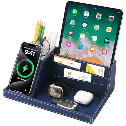 Desk Organizer with Charging Station, Nightstand Organizer Phone Docking Station, Men Gift Husband Wife Anniversary Dad Birthday Nightstand Purse Father Graduation Male Travel Idea Gadgets - color: Blue