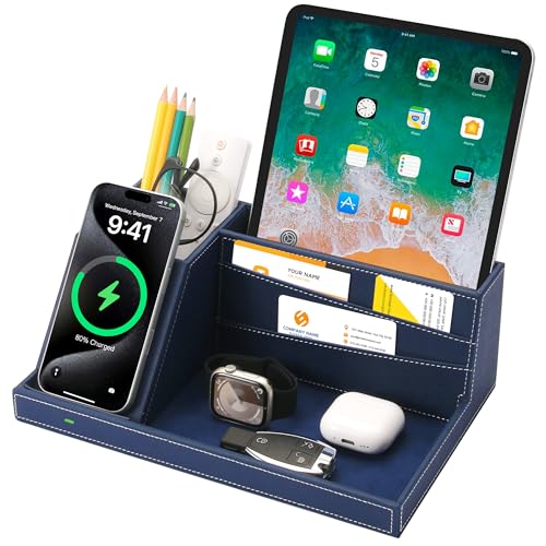 Desk Organizer with Charging Station, Nightstand Organizer Phone Docking Station, Men Gift Husband Wife Anniversary Dad Birthday Nightstand Purse Father Graduation Male Travel Idea Gadgets - color: Blue