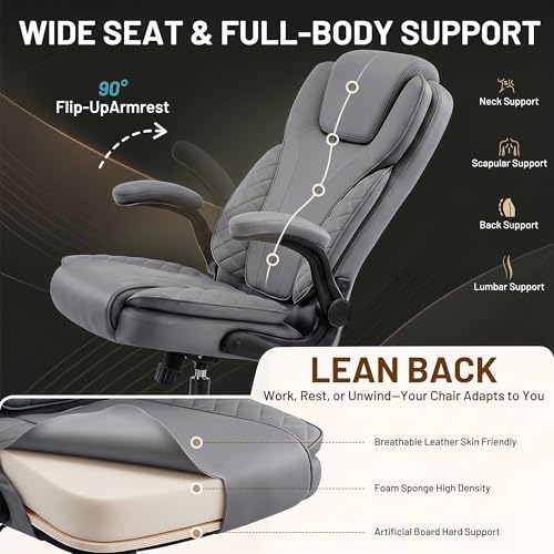 Ergonomic Office Chair, PU Leather High Back Executive Chair with Adjustable Inflatable Lumbar Support and Padded Flip-Up Arms, Recline Swivel Task Computer Chair for Home Office, Gray - color: Grey