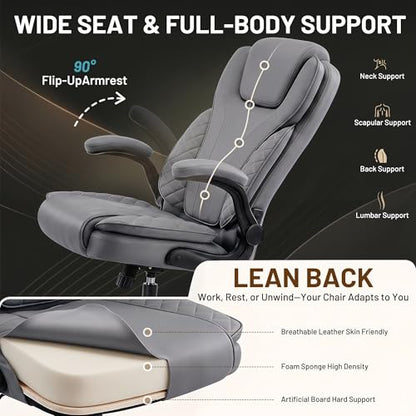 Ergonomic Office Chair, PU Leather High Back Executive Chair with Adjustable Inflatable Lumbar Support and Padded Flip-Up Arms, Recline Swivel Task Computer Chair for Home Office, Gray - color: Grey