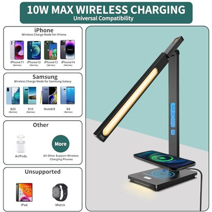 10 in 1 Smart Desk Lamp Led, Desk Light for Colleage Drom Room Office, Eye-Caring Table Lamp with Night Light, Lamp for Desk with 10W Wireless Charger, Dimmable Touch Lamp, Birthday Gifts for Women - color: Black-Pro