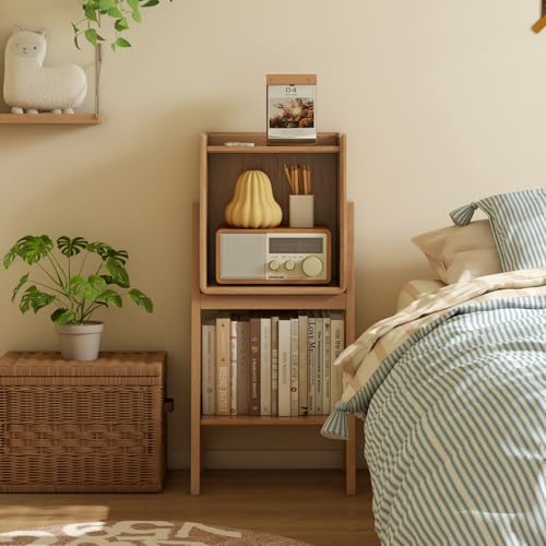 100% Solid Oak Ladder Shelf with Cabinet, 32.67" Tall Nightstand with Stable Frame for Bedroom, Small Bookcase for Living Room Nursery(Natural, Fully Assembly Furniture) - color: Natural Color, size: 3 Tier with Cabinet (32.67" H)
