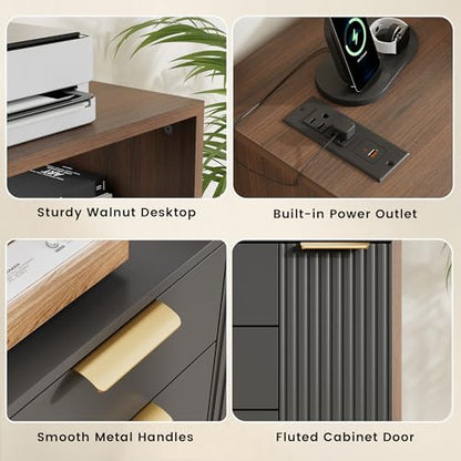 ModernMate Fluted Mobile File Cabinet with Charging Station | 37" Rolling Storage Cabinet with 3 Drawers, Printer Stand with Wheels for Home Office, Black Walnut - color: Black Walnut