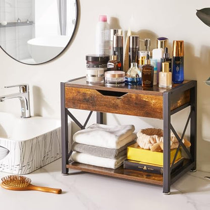 IBUYKE 2 Tier Desktop Printer Stand,Multi-Purpose Desk Organizer,Wooden Printer Stand with Drawer Storage for Folders,Books,for Fax Machine, Scanner,Home Office,Rustic Brown TLJ012H