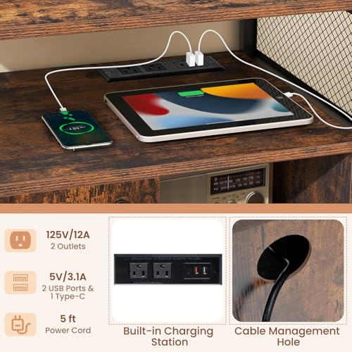 Rolling File Cabinet, Printer Stand with Charging Station (Brown) | Mobile Lateral Filing Cabinet | Adjustable Shelf & Metal Frame | Lockable Wheels | For Home Office & Small Space - color: Brown