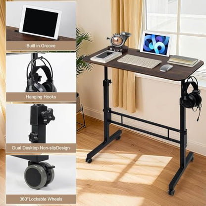 Standing Desk Adjustable Height, Rolling Walking Pad Desk, Small Mobile Table with Wheels, Portable Stand Up Table for Standing or Sitting, Size 31.5x15.7 Inch Rustic