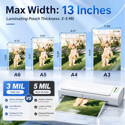 13 Inch Laminator Machine with 30 Laminating Sheets, A3 11-in-1 Hot & Cold Thermal Laminator for Teachers, 60S Fast Warm-Up, 450mm/min, Never-Jam Design Laminate for Home, Office, School -White