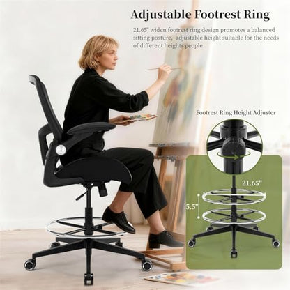 Drafting Chair, Tall Office Chair with PU Leather Seat, Standing Desk Chair Counter Height Office Chairs with 21.65'' Footrest Ring and Adjustable Lumbar Support Armrests Black