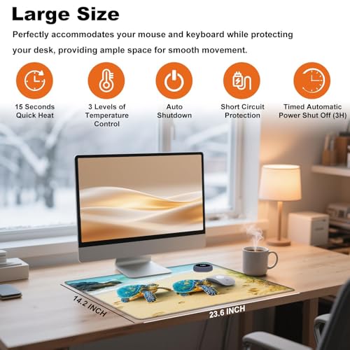 Heated Desk Pad 23.6" x 14.2" 3 Large Heated Mouse Pad with Heat Levels (40°C/45°C/50°C) & 3H Auto Shut-Off Desk Mat Fast Heating PU Leather Warmer Mousepad for Home Office - Cute Turtle - color: Cute Turtle, size: 23.6 x 14.2 inch