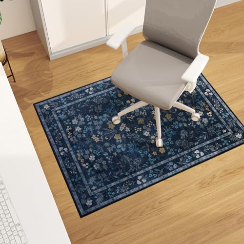 chakme Office Chair Mat for Hardwood Floor, 48"x36" Easy Glide Computer Desk Mat Protector for Rolling Chair Under Desk Rug Nonslip Backing, Machine Wash, (Floral) - color: Dark Blue, size: 36"x48"