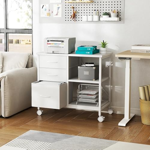 Healsmart Heavy Duty Mobile File Cabinet with 3 Fabric Drawers, Rolling Printer Stand with Back Support & Open Shelf, Multifunctional Storage Organizer for Home Office, White - color: White, style: Modern