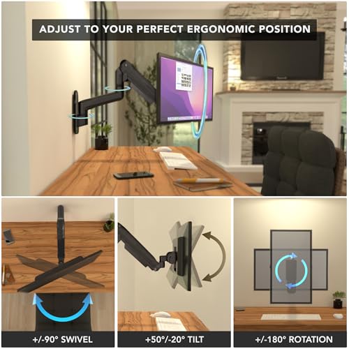 Mount-It! Heavy-Duty Wall Mount Arm for 49" Curved Monitors | Gas spring full motion arm, 23.5" reach, holds 44 lbs, VESA 75/100, single-stud install.