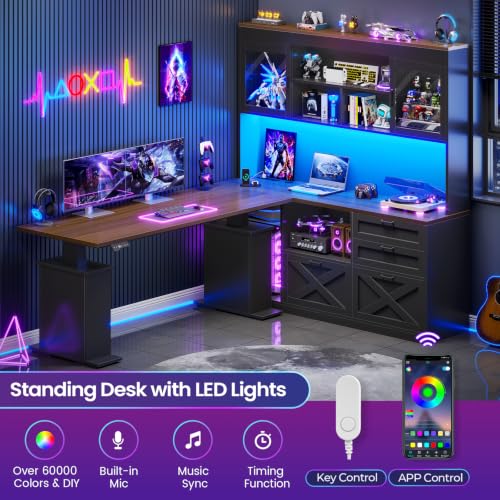 SEDETA 69" L Shaped Gaming Standing Desk with 4 Drawers, Storage Bookshelf - color: Black, size: 68.9" Standing Desk with Bookshelf